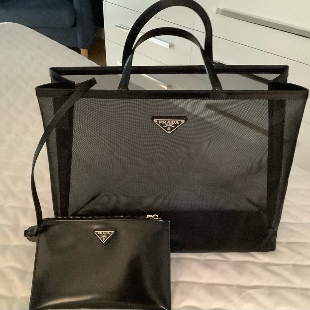 Prada Black Mesh Tote and Pouch Set